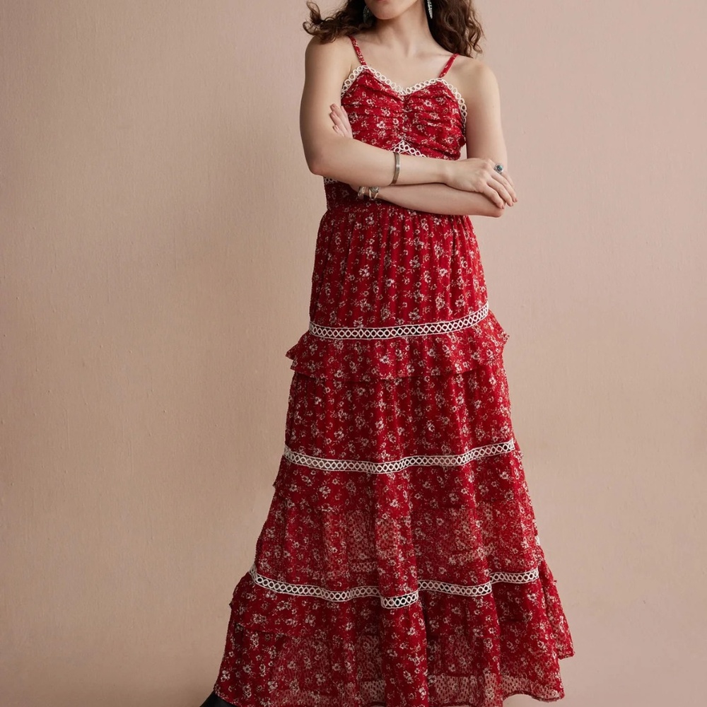 NWT Western Boho Red Floral Tiered Maxi Dress